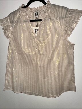 Anne Klein Ruffled Y-Neck metallic Sparkle Blouse - Cream and Gold